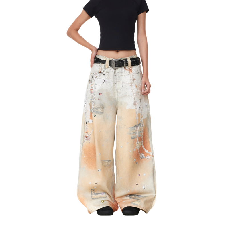 BTSG Retro 3D Chain Printing Loose Wide-leg Jeans