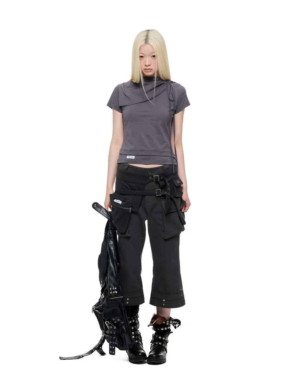 JIKOO Knot Vertical Pleated Shoulder Collar Casual Tee