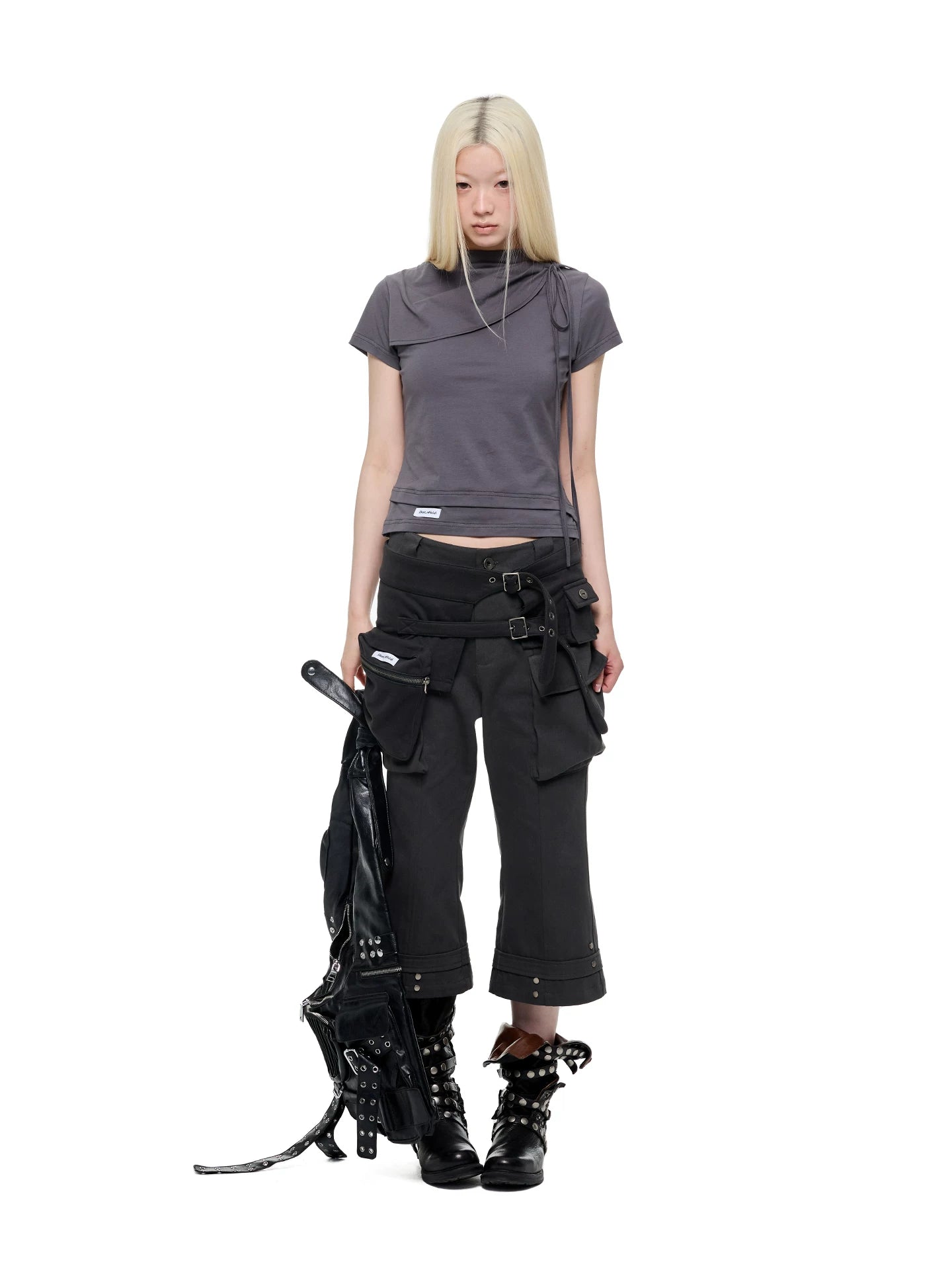 JIKOO Knot Vertical Pleated Shoulder Collar Casual Tee