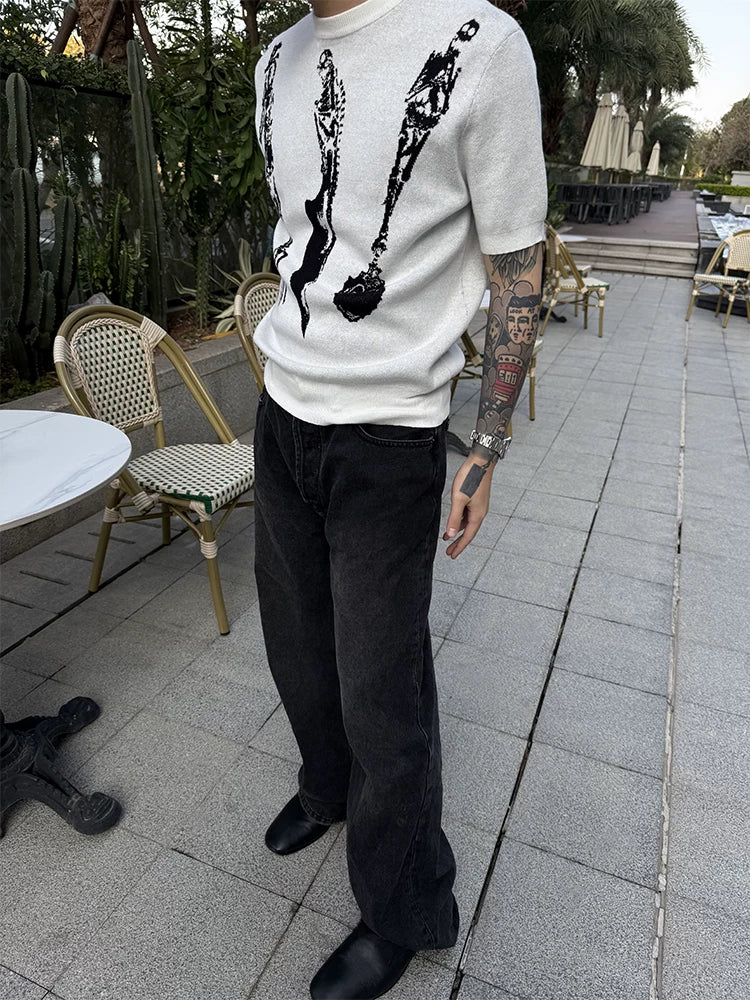 WANNA LAB Skull Knife Fork Spoon Jacquard Pattern Front Shoulder Tee