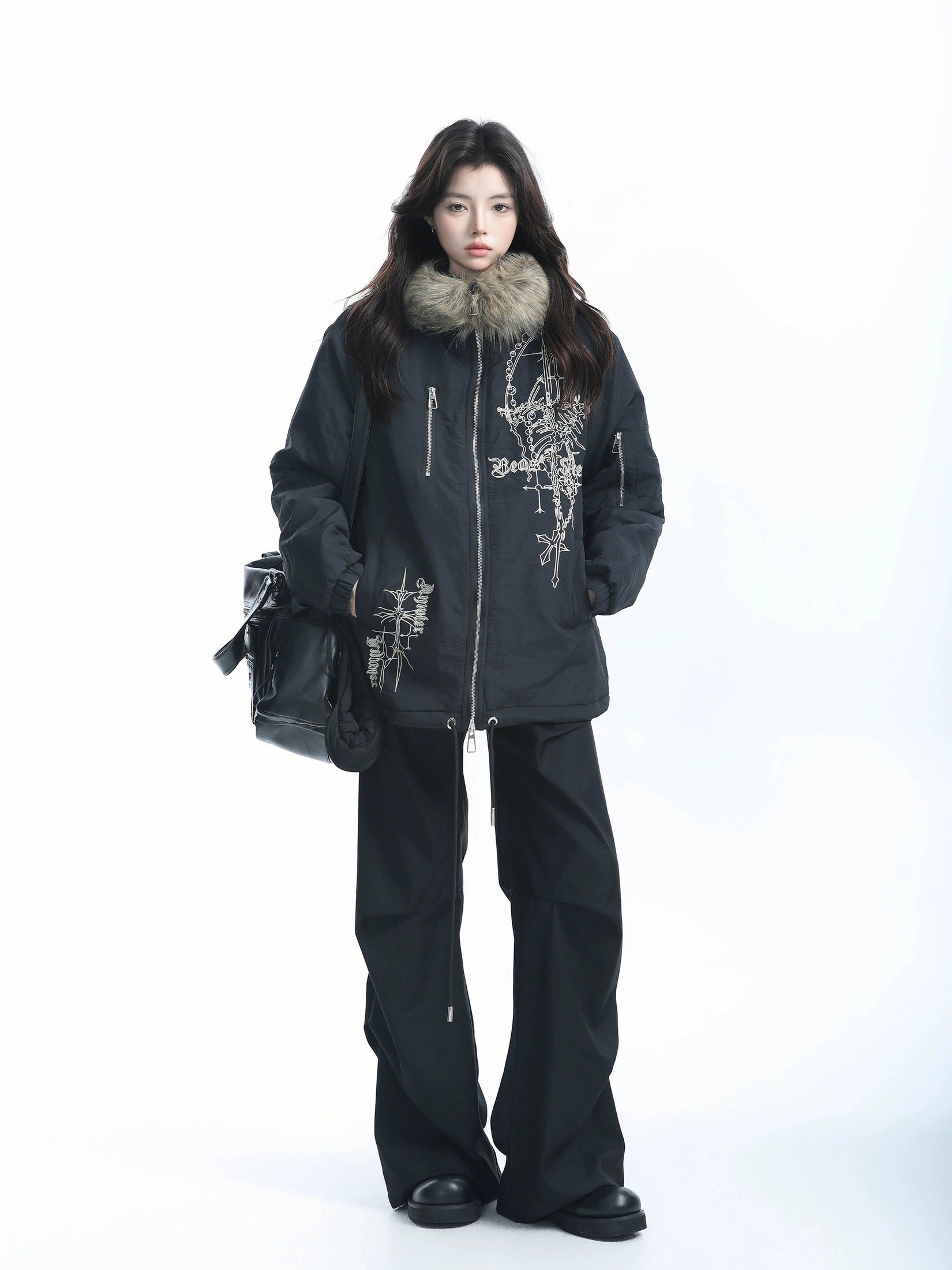 Zuocisankon Vintage Fur Collar Hooded Cotton Dress
