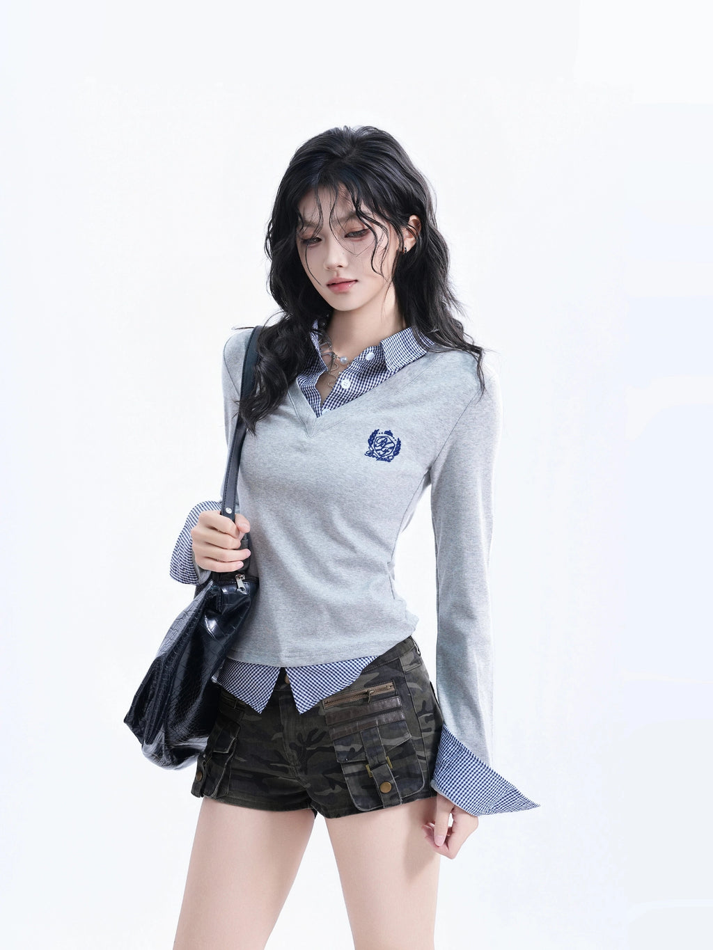 BF. BORFEND Korean College Style Checkered Fake Two-piece Splicing Long Sleeve