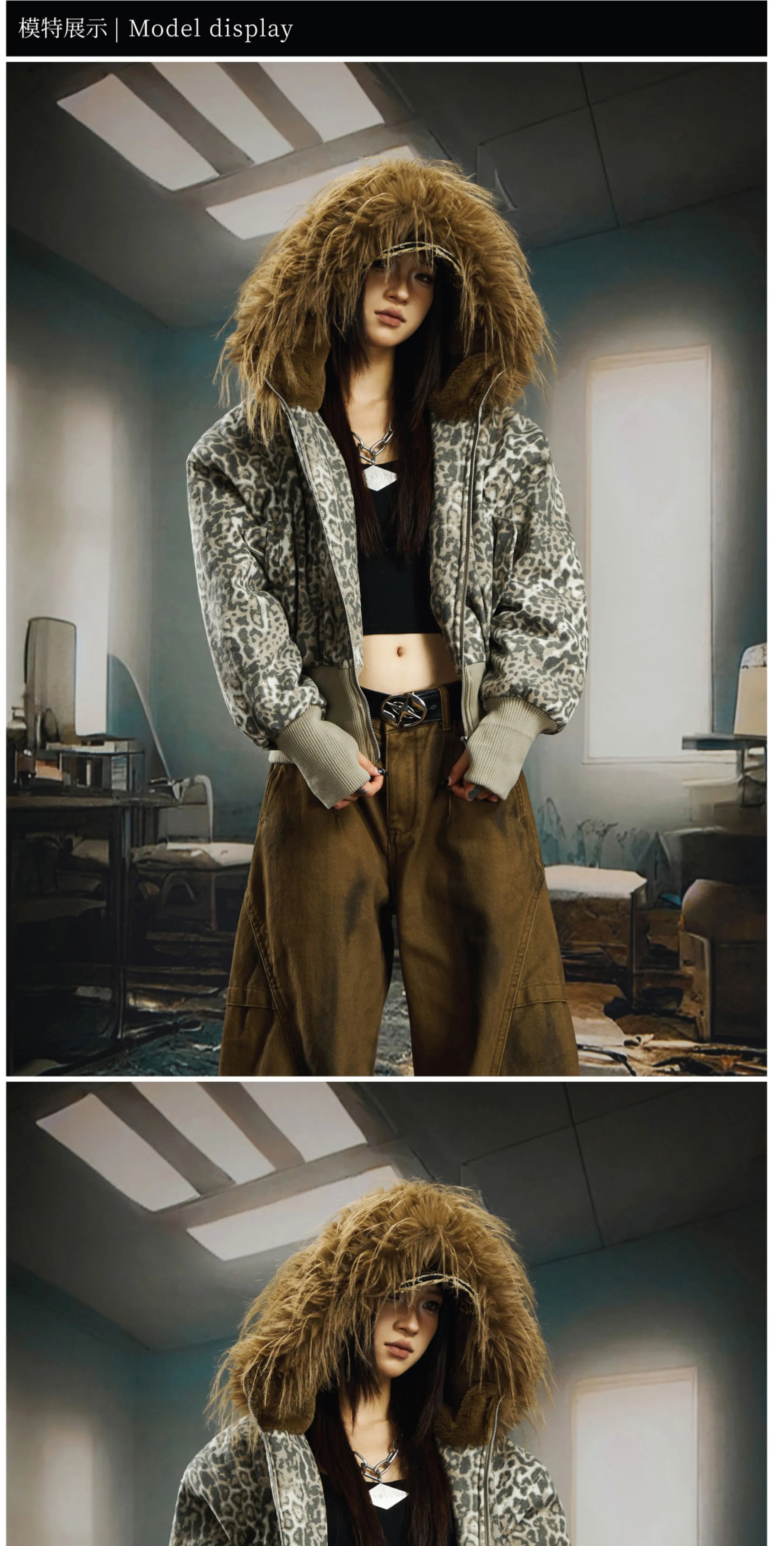 NOMANIAI Big Fur Collar Hooded Leopard Print Short Wide Cotton Suit