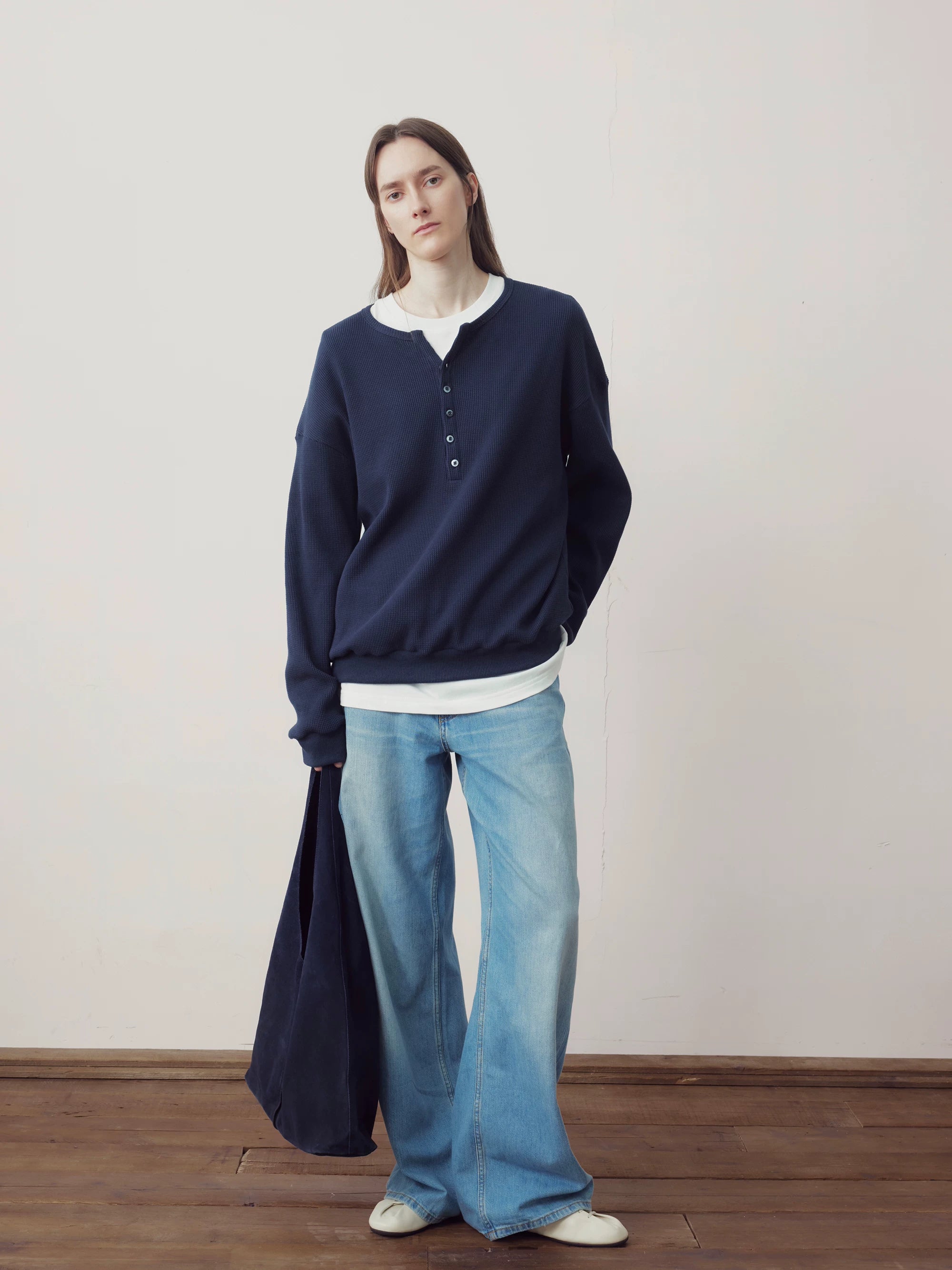 COLN Waffle-breasted Henry-neck Sweater