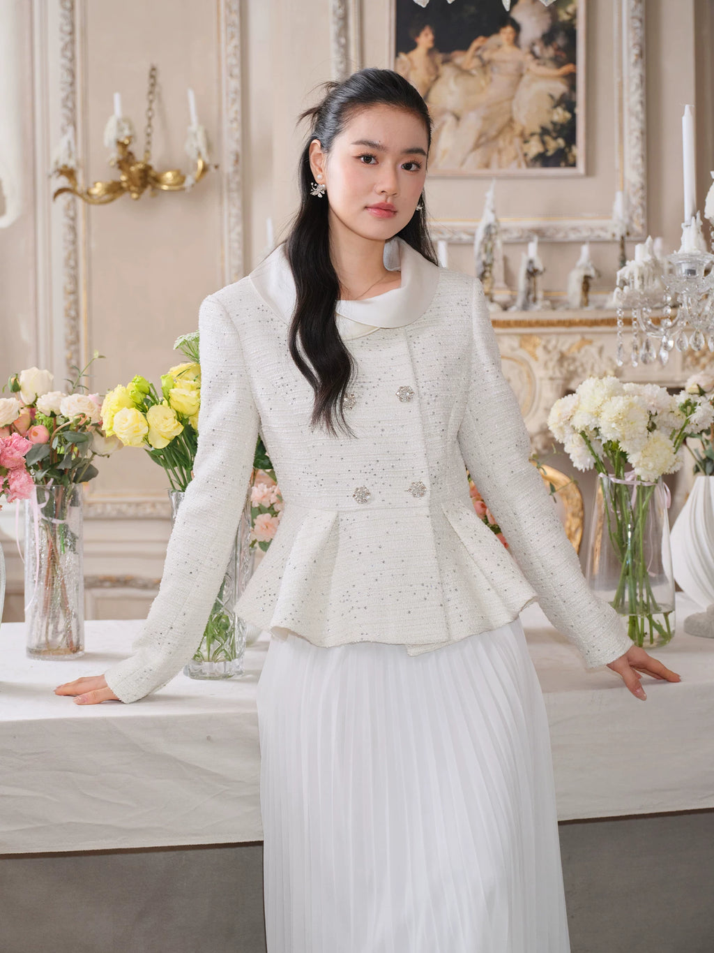 J TheChosen Waist Satin Stand-up Collar Pleated Skirt Set