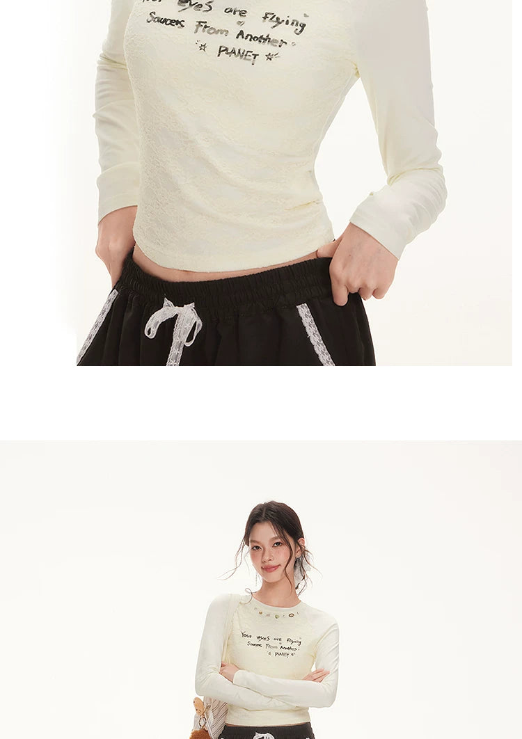 IMONE Letter Print Crew Neck Slim Sleeve