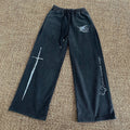 11KN Vintage Drawstring Letter Print Wide Leg Pants