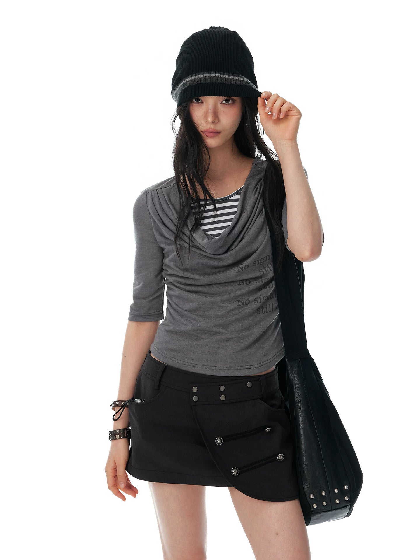 JIKOO Fake Two-piece Striped Splicing Slim Tee