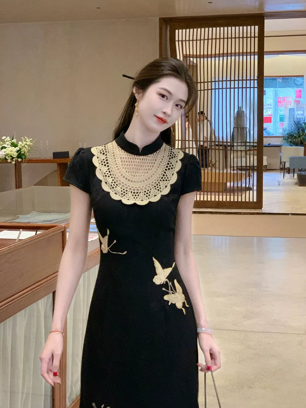 ZIHE Retro Satin Butterfly Dress