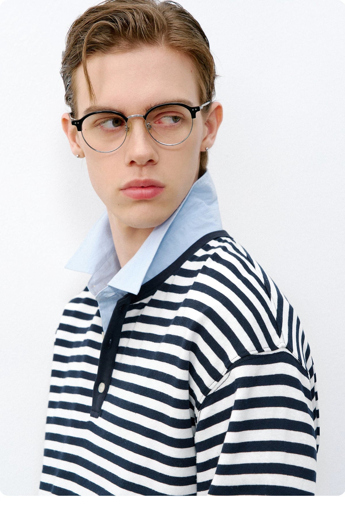 714Street Linen Blended Henry Neck  Striped Long SleeveT-Shirt