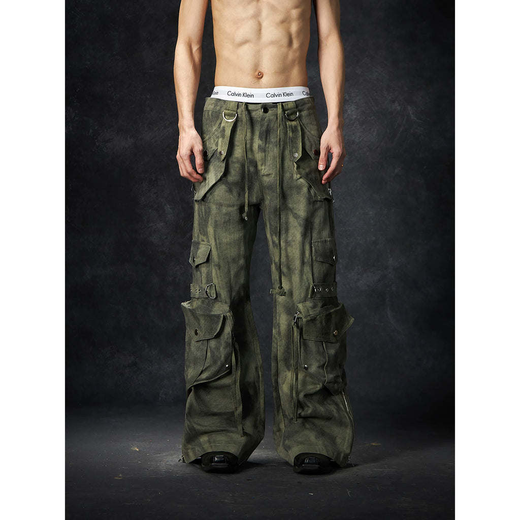 NOMANIAI Old Dirty Multi-pocket Straight Wide-leg Floor-mopping Overalls