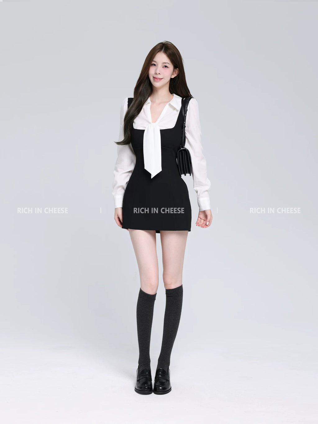RICH IN CHEESE ACADEMY COLOR CONTRACT Splicing Bow Waist Dress
