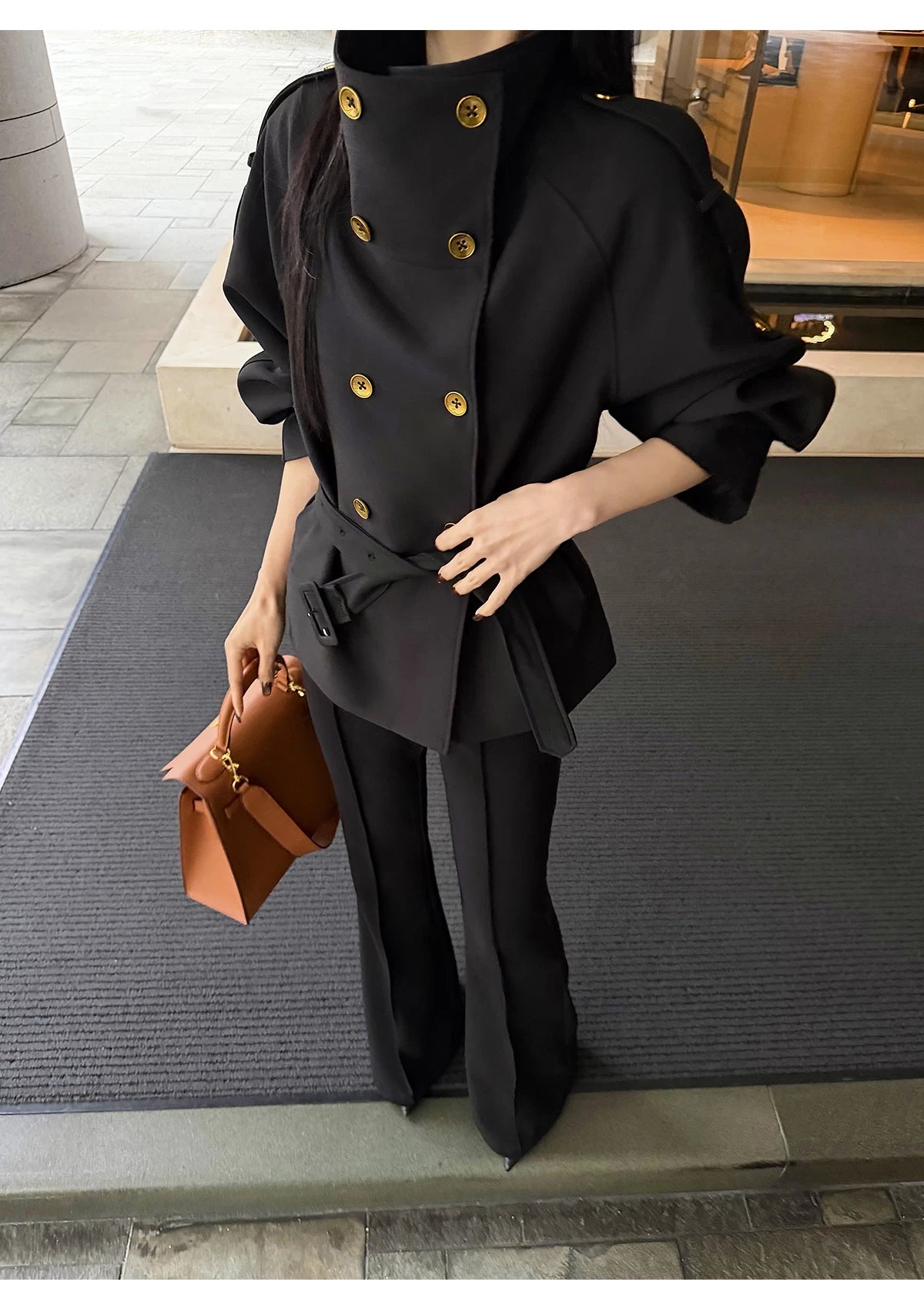 CHUYUQI Stand-up Collar Waist Double-breasted Trench Coat
