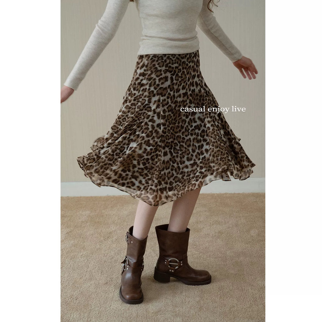EGGKA High Waist Leopard Print Drape Skirt