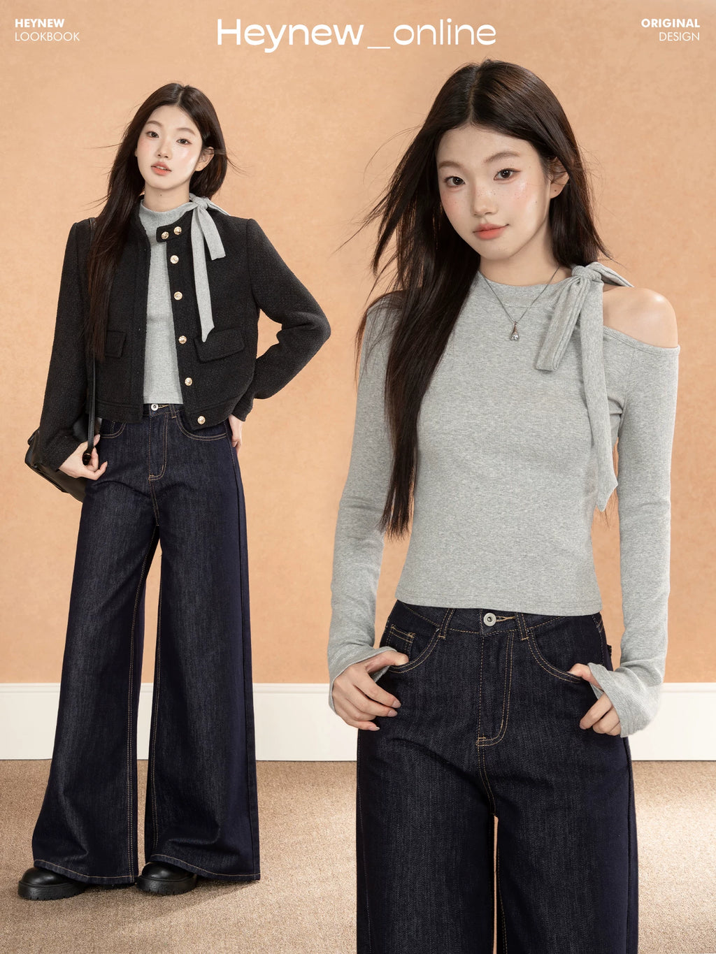 LOVEHEYNEW Strap Hollow Bow Slim Off-Shoulder Long Sleeve