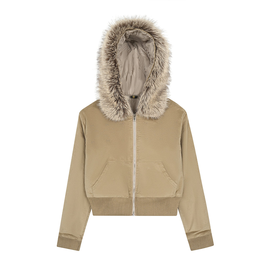 EAHO Retro Fur Collar Padded Short Hooded Sweater