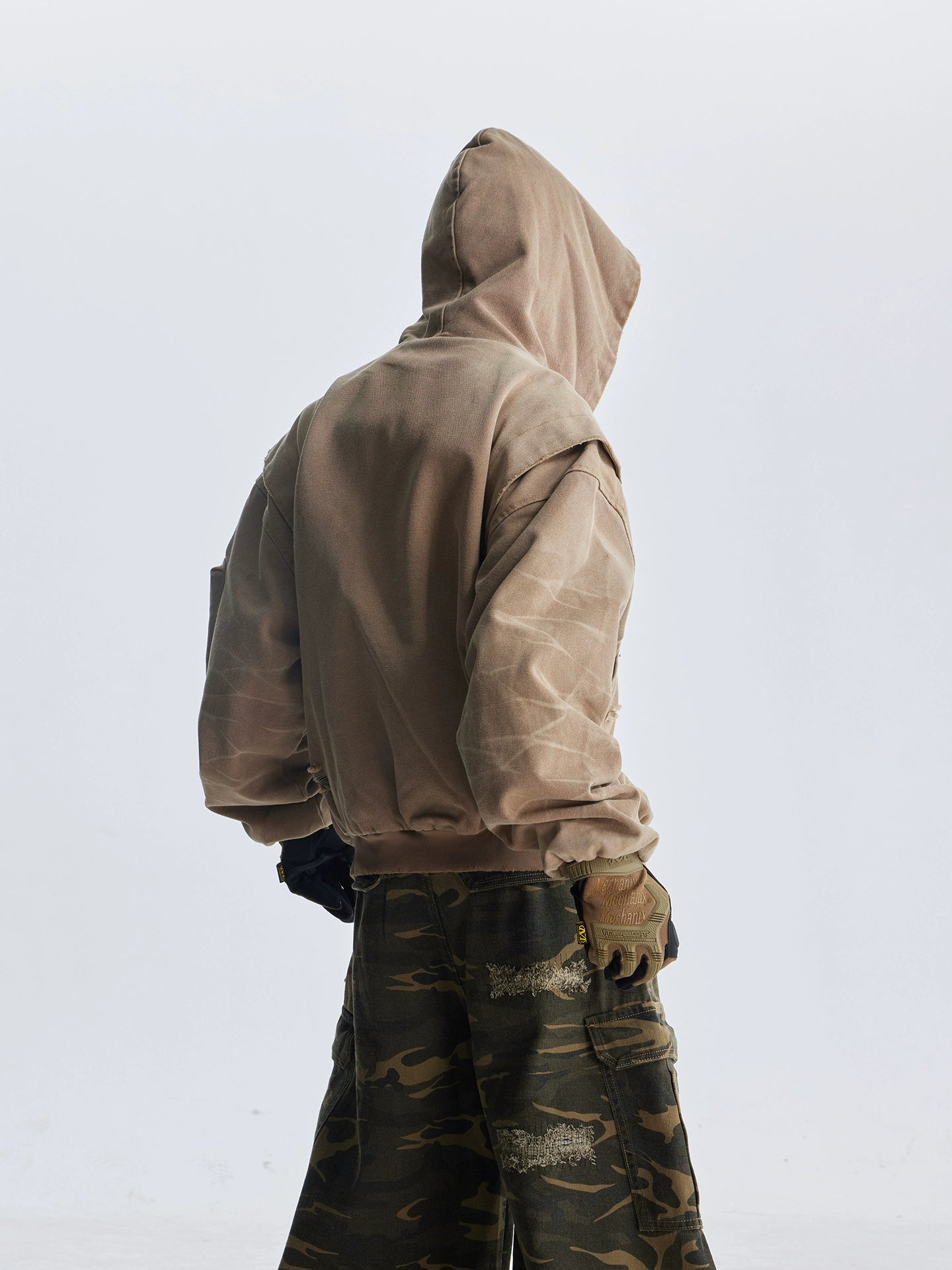 NOMANIAI frayed hooded loose zip jacket