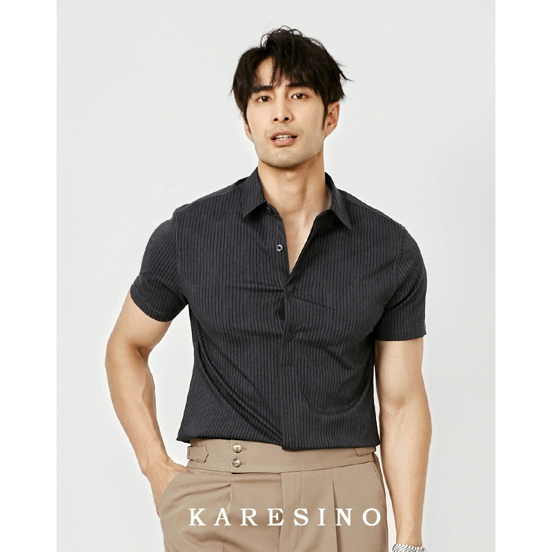 KARESINO Slim Fit Ice Silk Casual Striped Short Sleeve Shirt