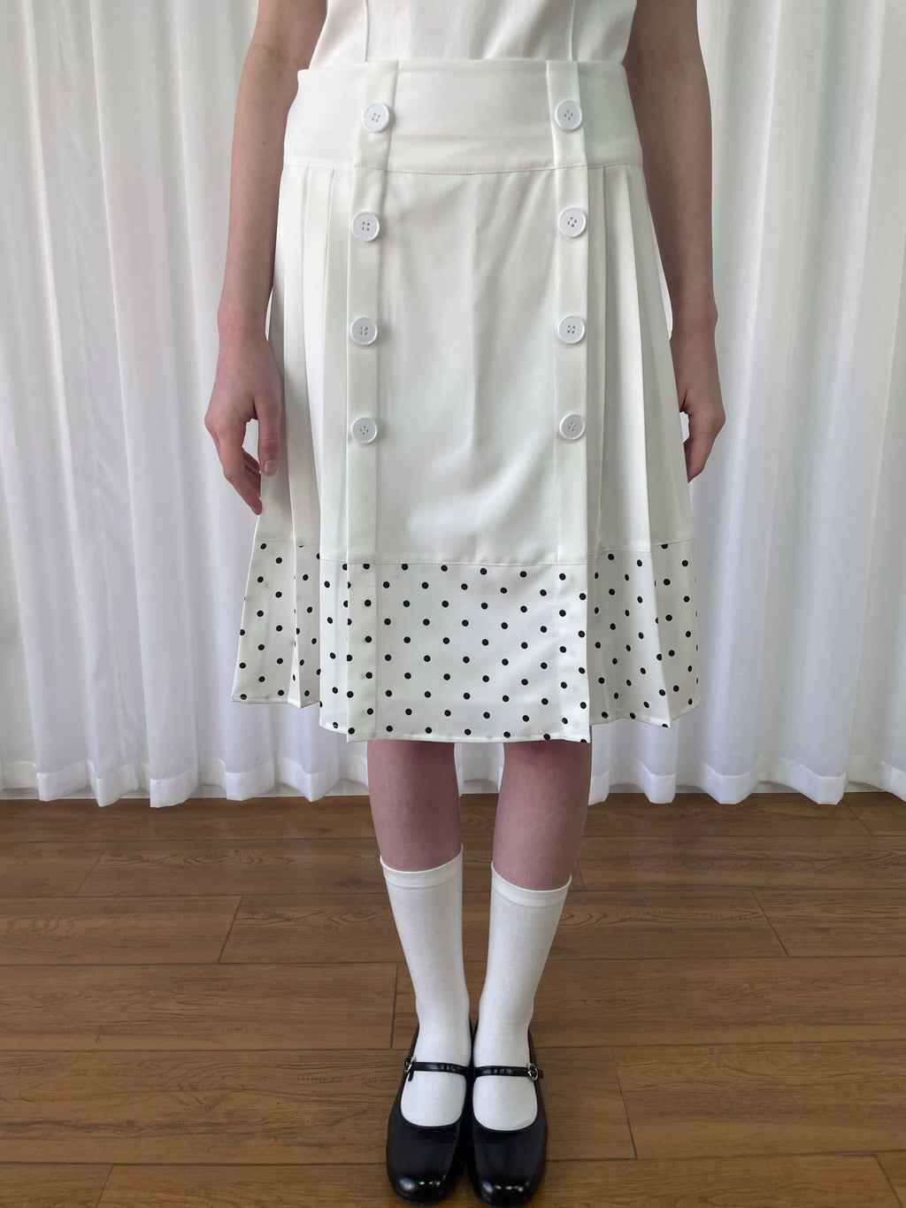 Loosesmell Double Breasted Splicing Polka Dot Crease Skirt