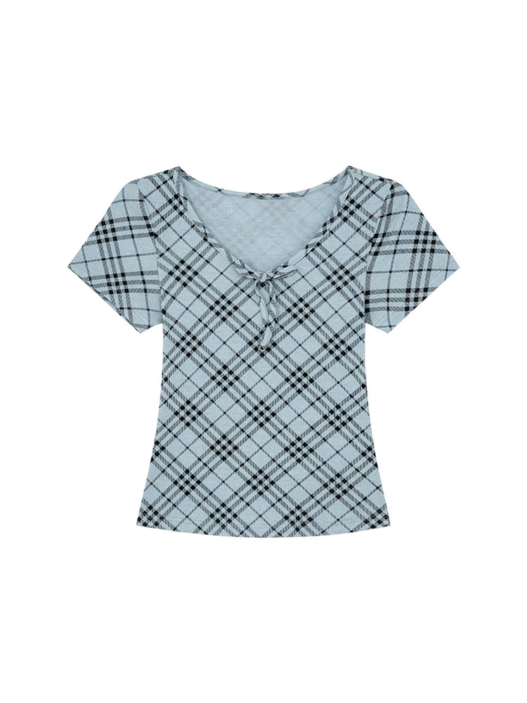 KANO Strap V-neck Contrasting Color Plaid Slim Tee