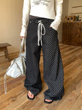 EAHO Retro Polka Dot Full Print Drawstring Straight Mopping Trousers