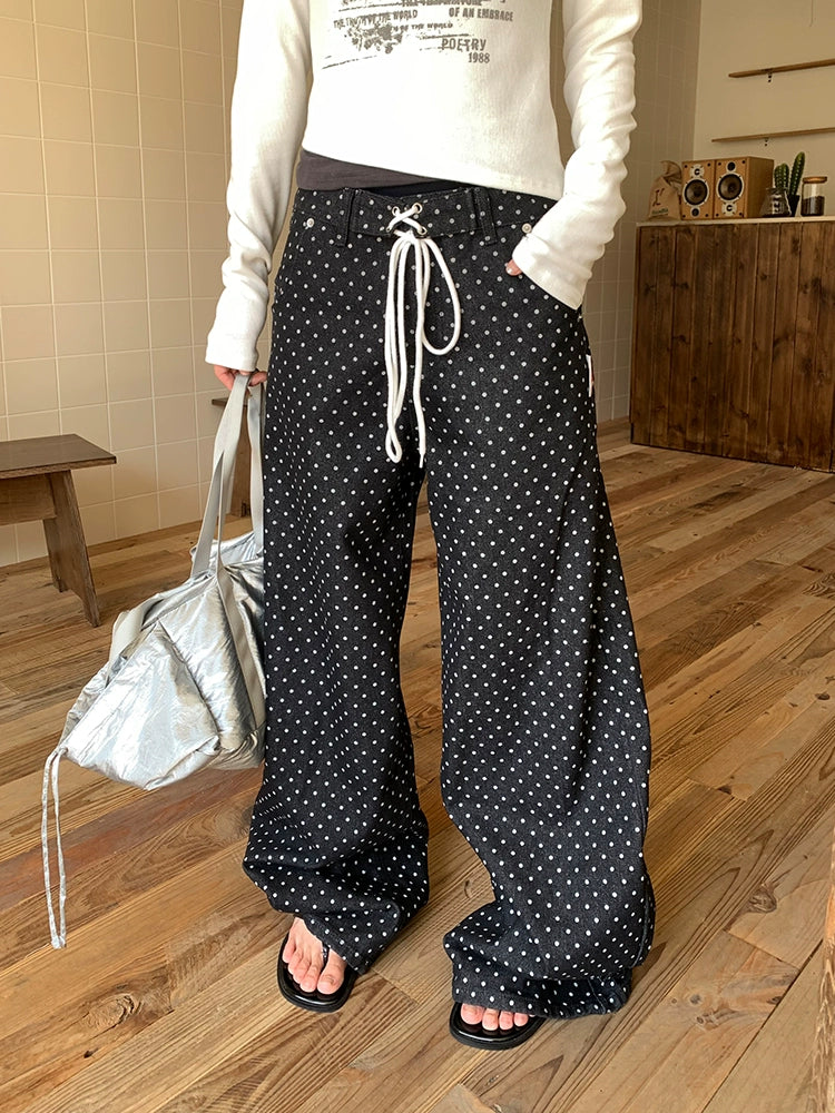 EAHO Retro Polka Dot Full Print Drawstring Straight Mopping Trousers