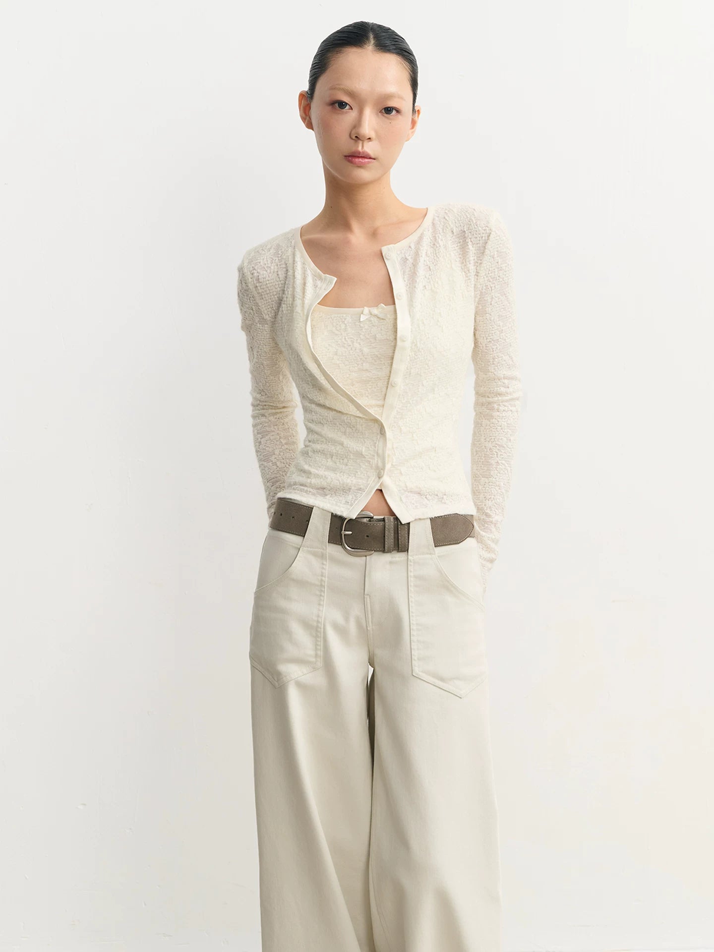 LINY LIBERTY Embossed Jacquard Knitted Suspender Cardigan Set