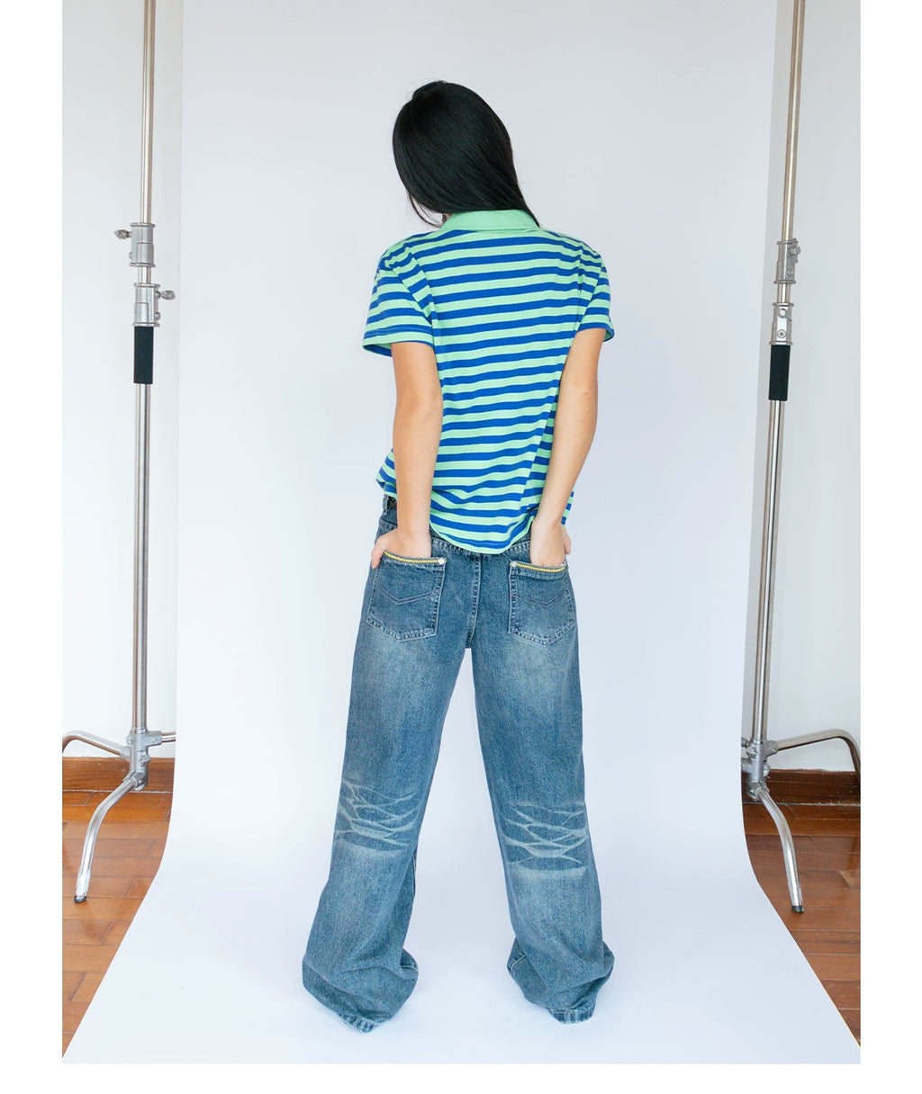 FUNKYFUN Fleece Contrasting Buckle Striped Lapel Polo Shirt