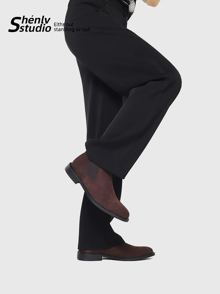 SHENLV STUDIO Fur Leather Short Boots Pointed High-top Chelsea Boots