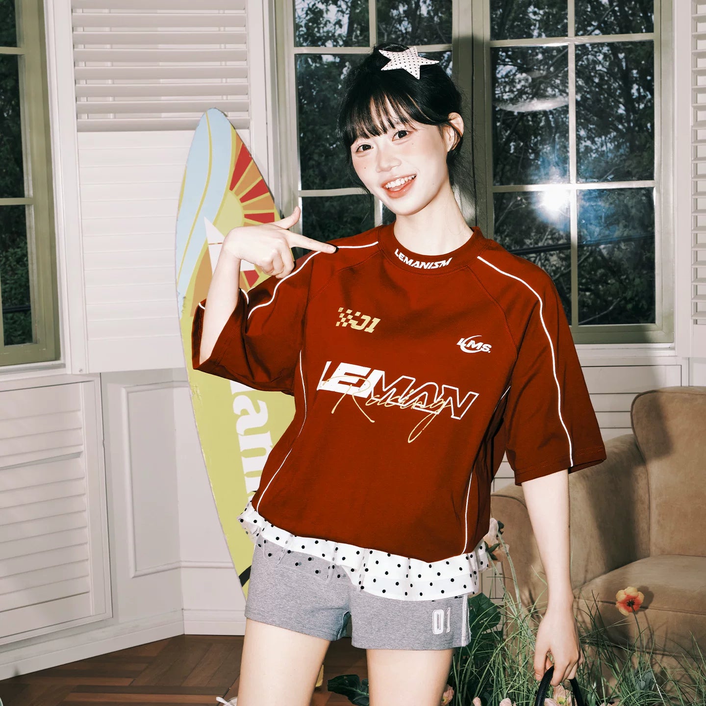 Lemanism Letter Line Contrasting Color Casual Tee