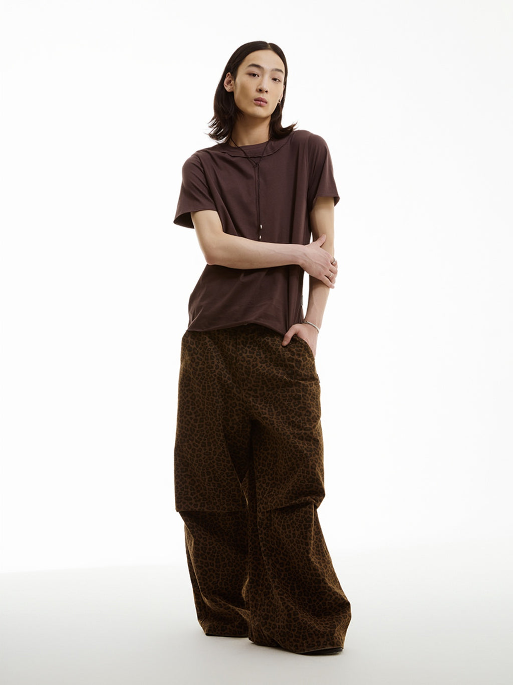 FUNKYFUN Leopard Print Knee Pleated Design Wide-leg Pants