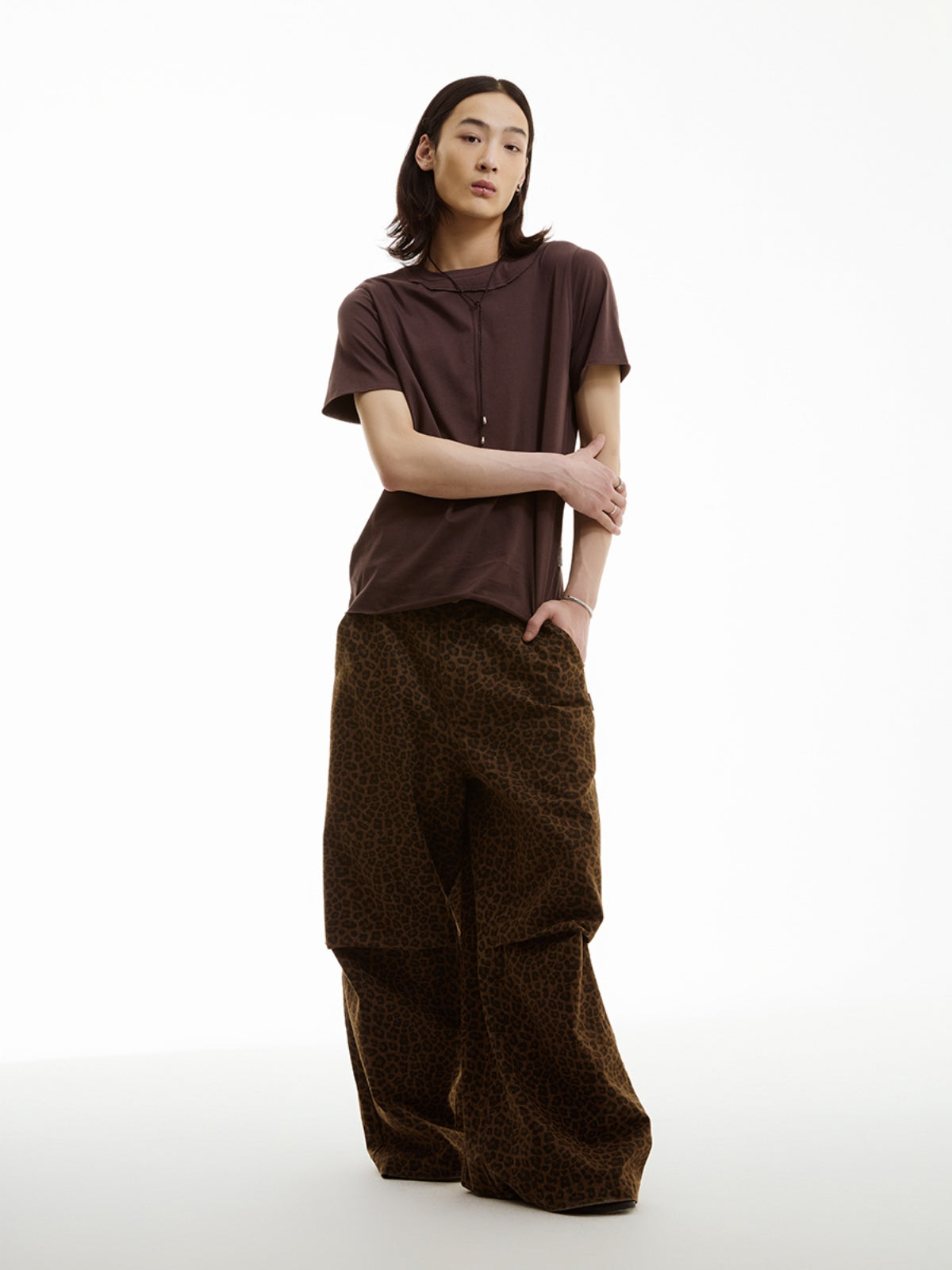 FUNKYFUN Leopard Print Knee Pleated Design Wide-leg Pants