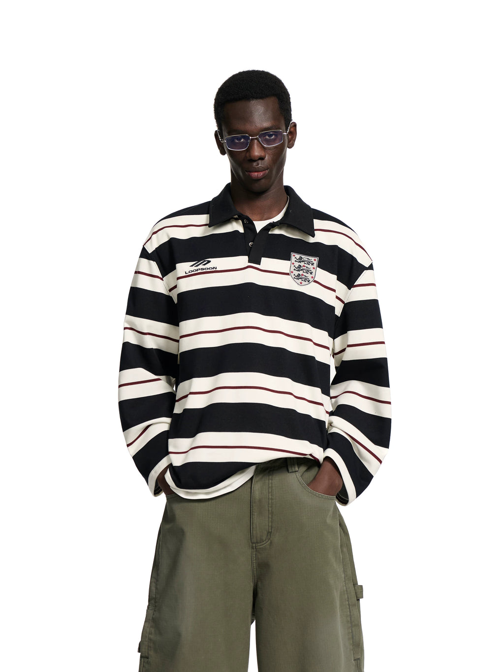 Loopsoon Striped Contrast Lapel Embroidered English Loose Sweatshirt