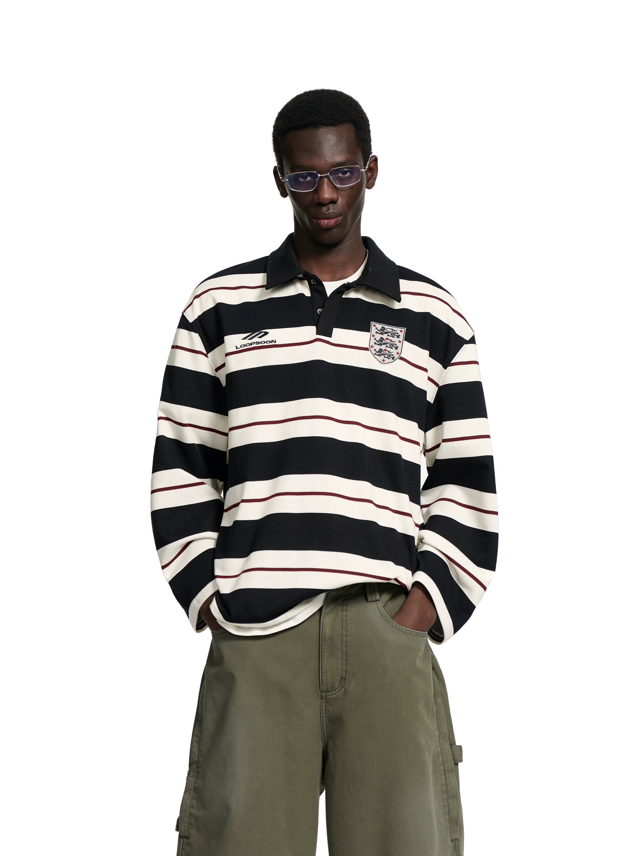 Loopsoon Striped Contrast Lapel Embroidered English Loose Sweatshirt