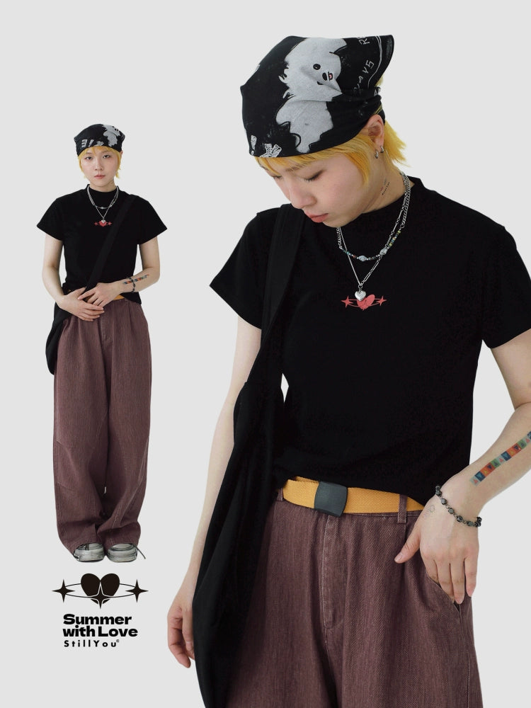 STILLYOU Retro Versatile Love Print Half Turtleneck Tee