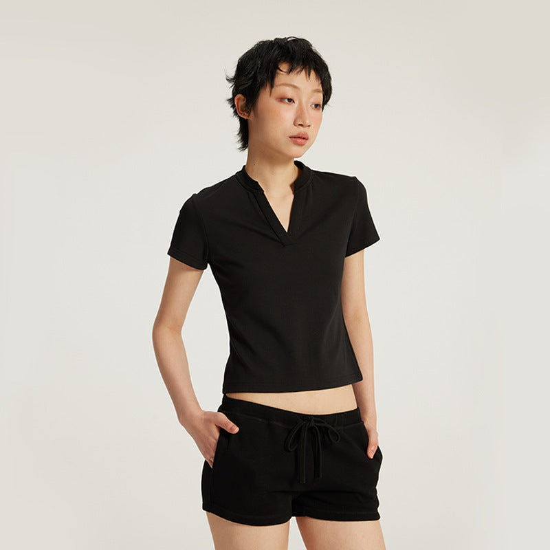 InflationV Neck Front Shoulder Skinny Short Tee