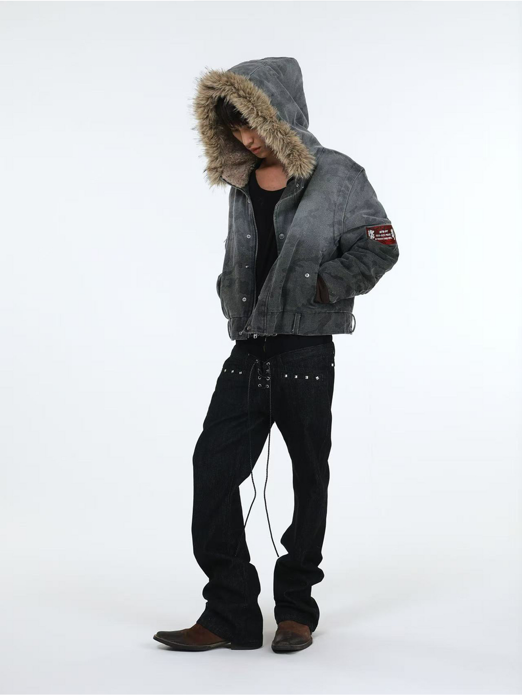 DETW Stacked Double Waist Strap Drawstring Jeans