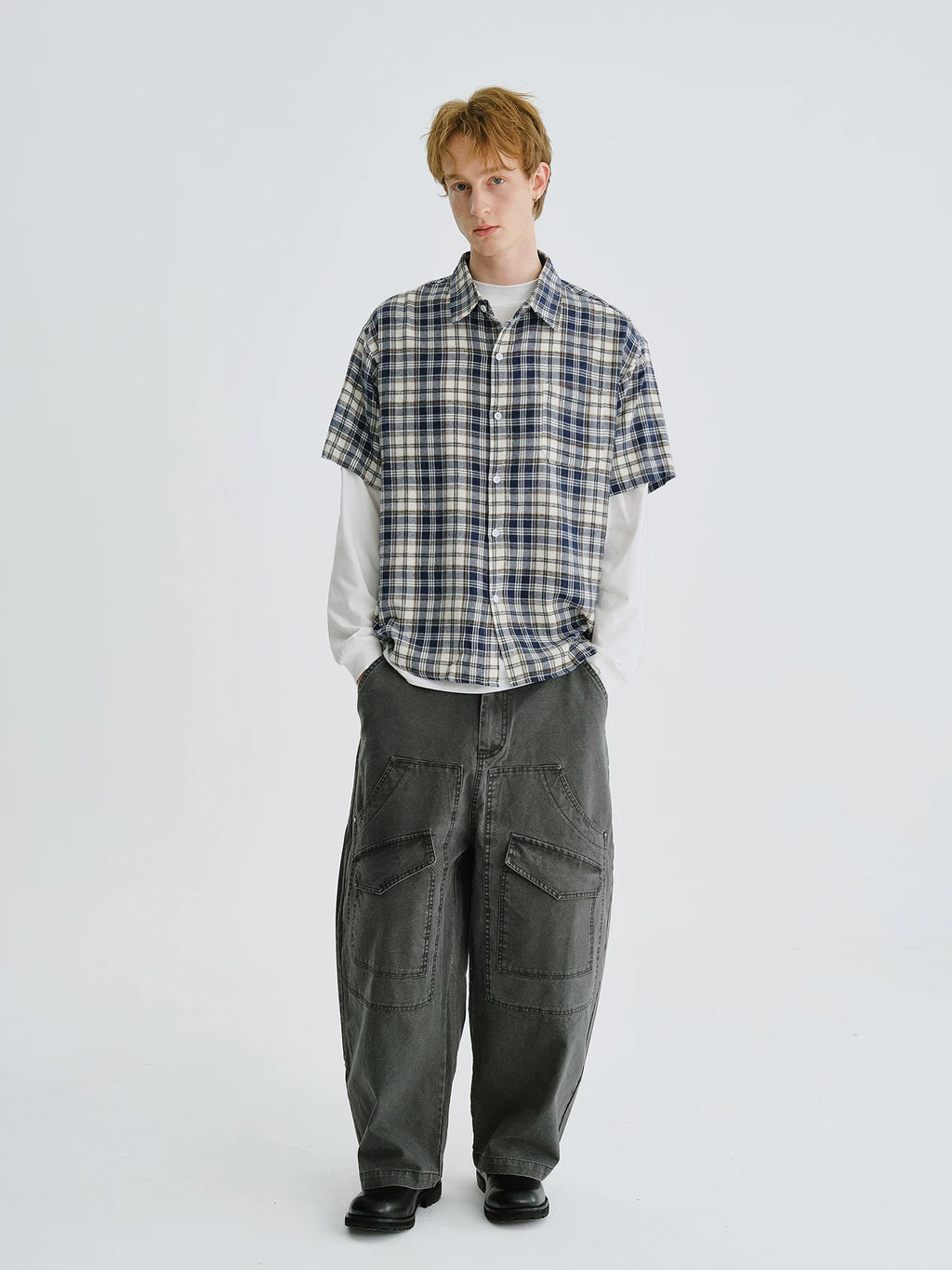 LIVINGTOWN Simple and Versatile Color-blocked Plaid Short-sleeve Shirt