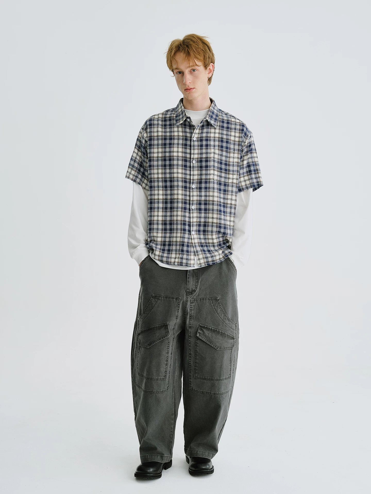 LIVINGTOWN Simple and Versatile Color-blocked Plaid Short-sleeve Shirt