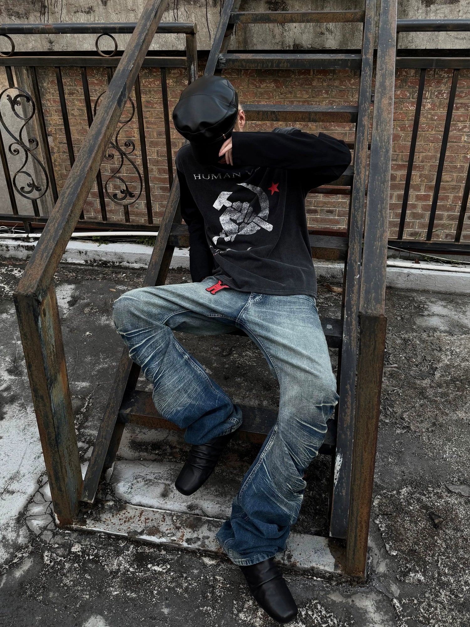 Human Patch Embroidery Printing Splicing Long Sleeve