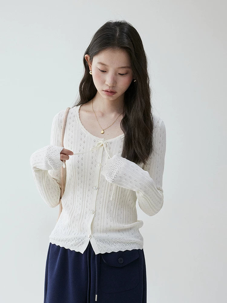VOOE Round Neck Jacquard Hollow Strap Knitted Long Sleeve