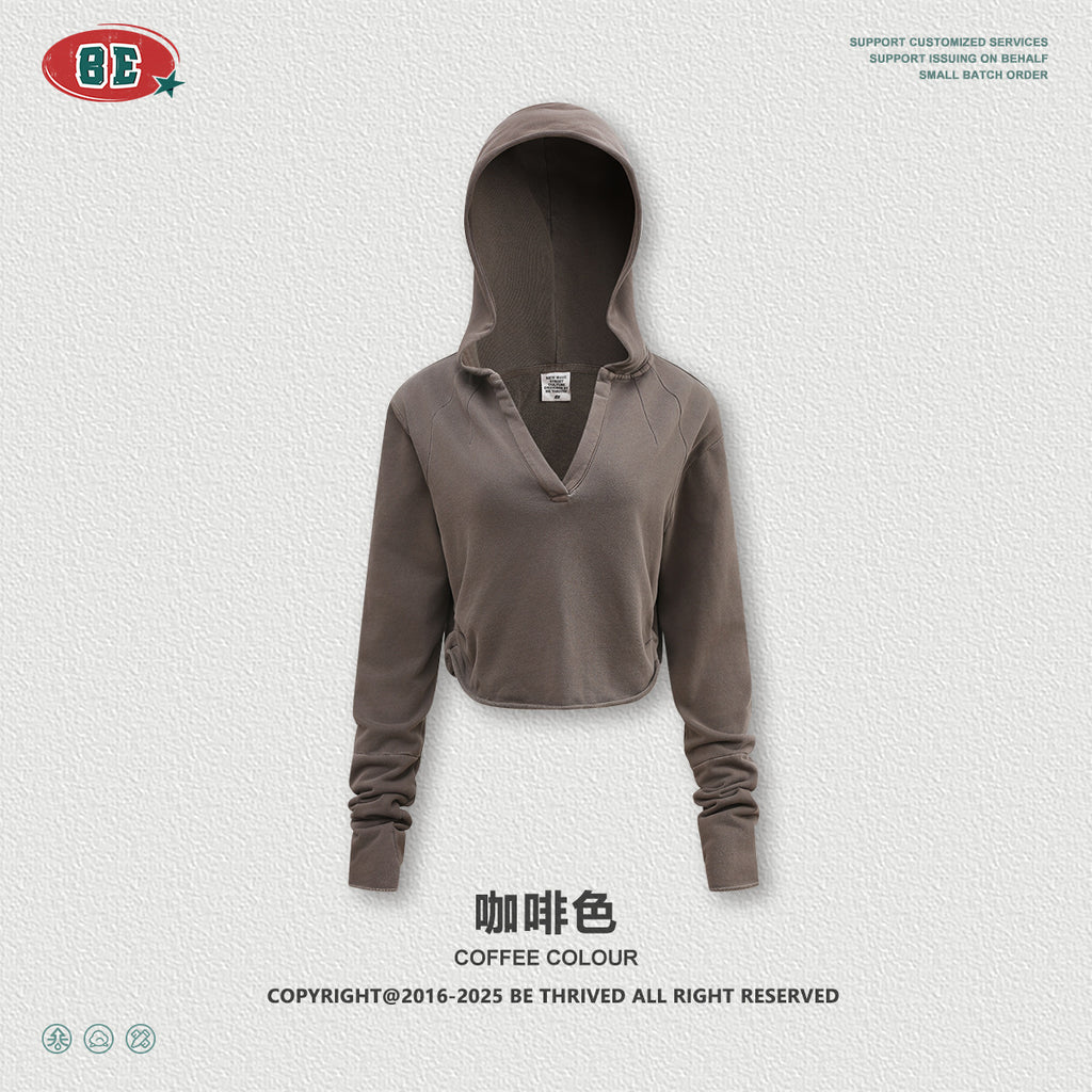 BE Retro V-neck Pleated Short Half-open Neck Hooded Long Sleeves