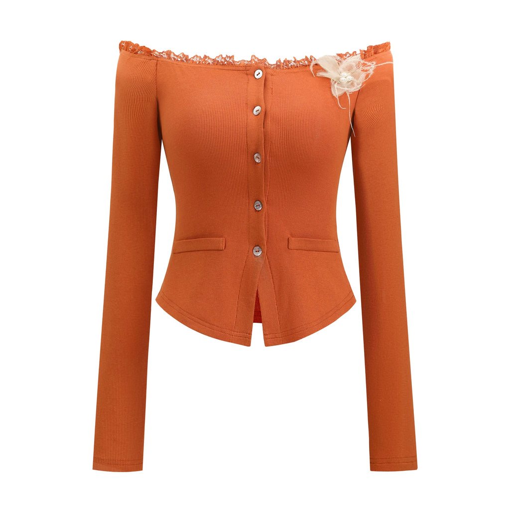 Barb Chill Shoulder Slim Fit Long Sleeve Knitted Sweater Lace Neck Sling