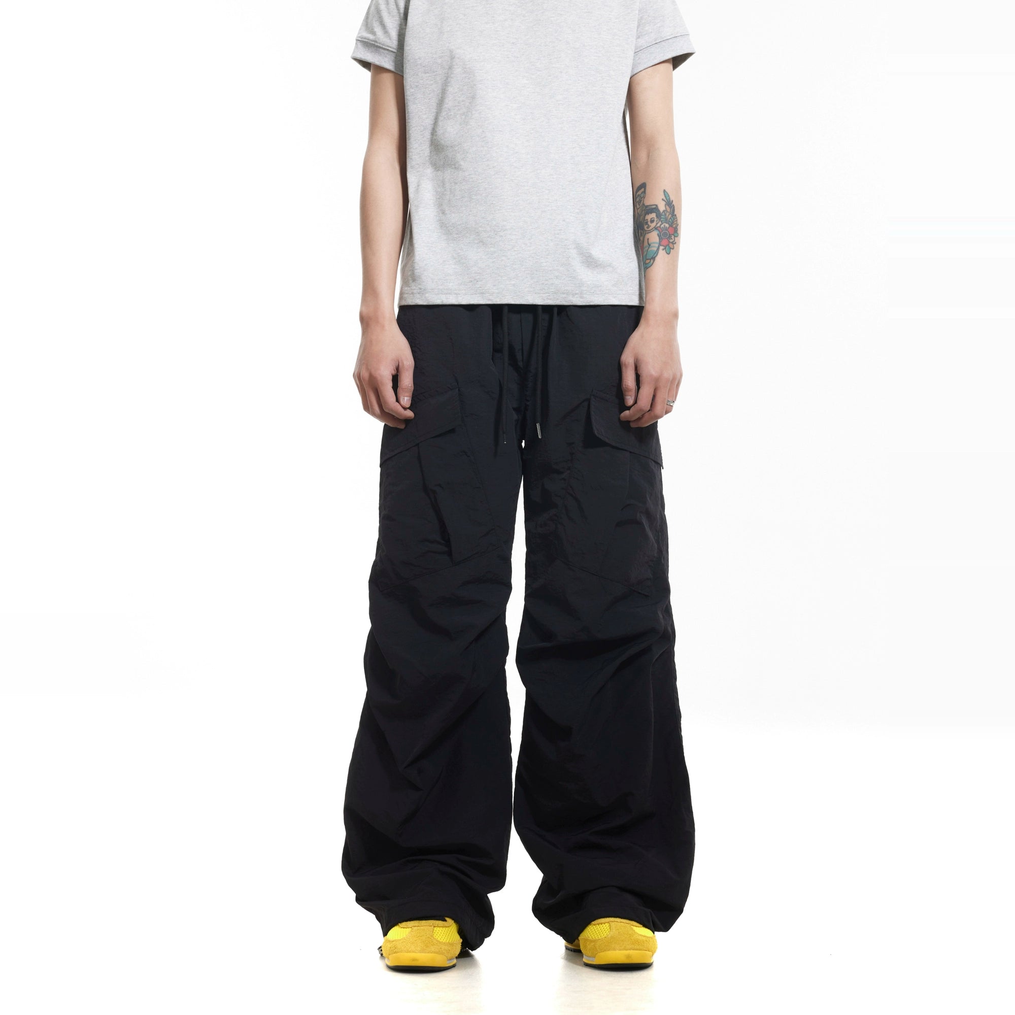 BTSG Pleated Drawstring Multi-Pocket Nylon Paratrooper Pants