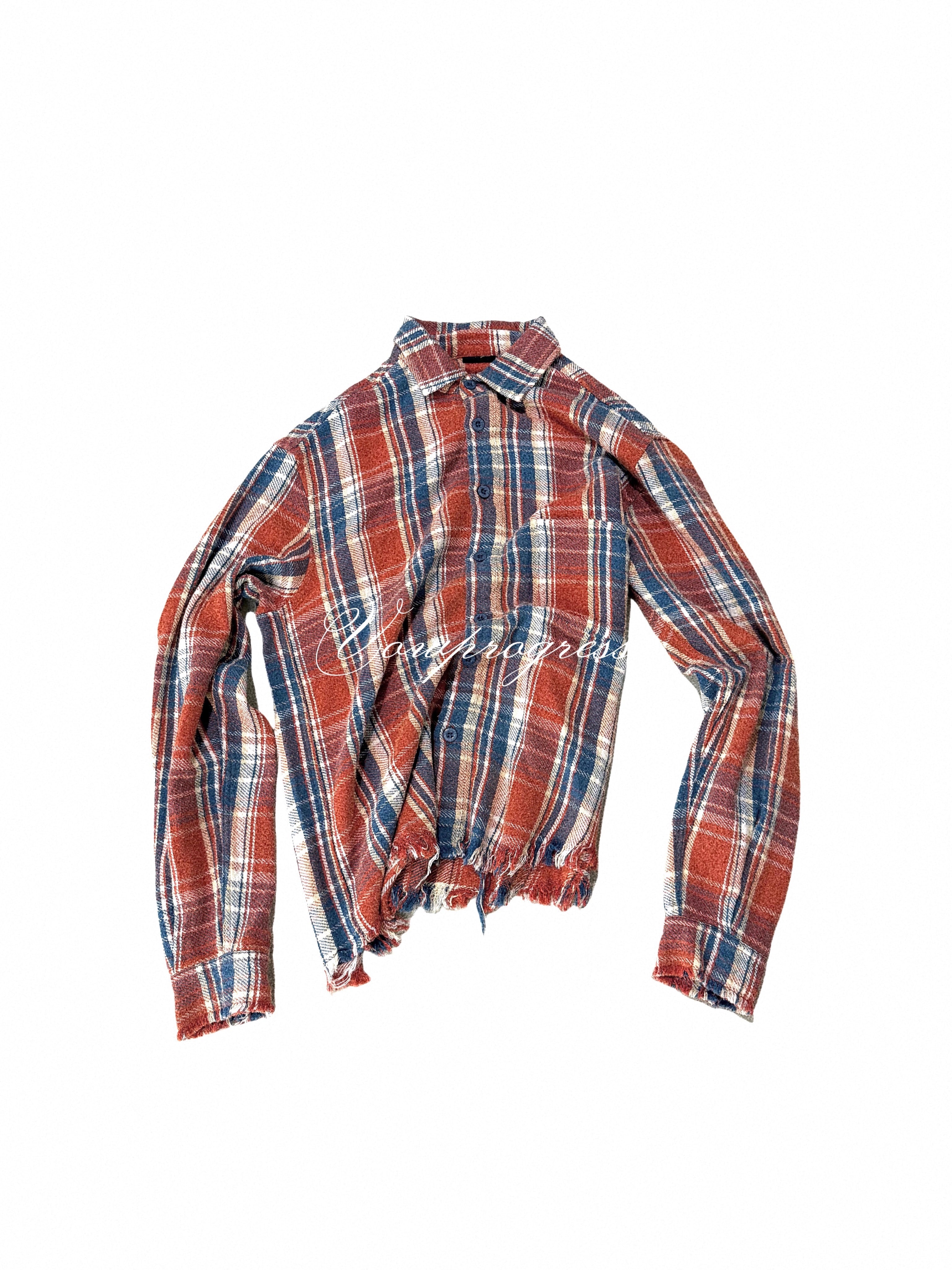 VOWPROGRESS Flannel Fringed Check Shirt Long Sleeves
