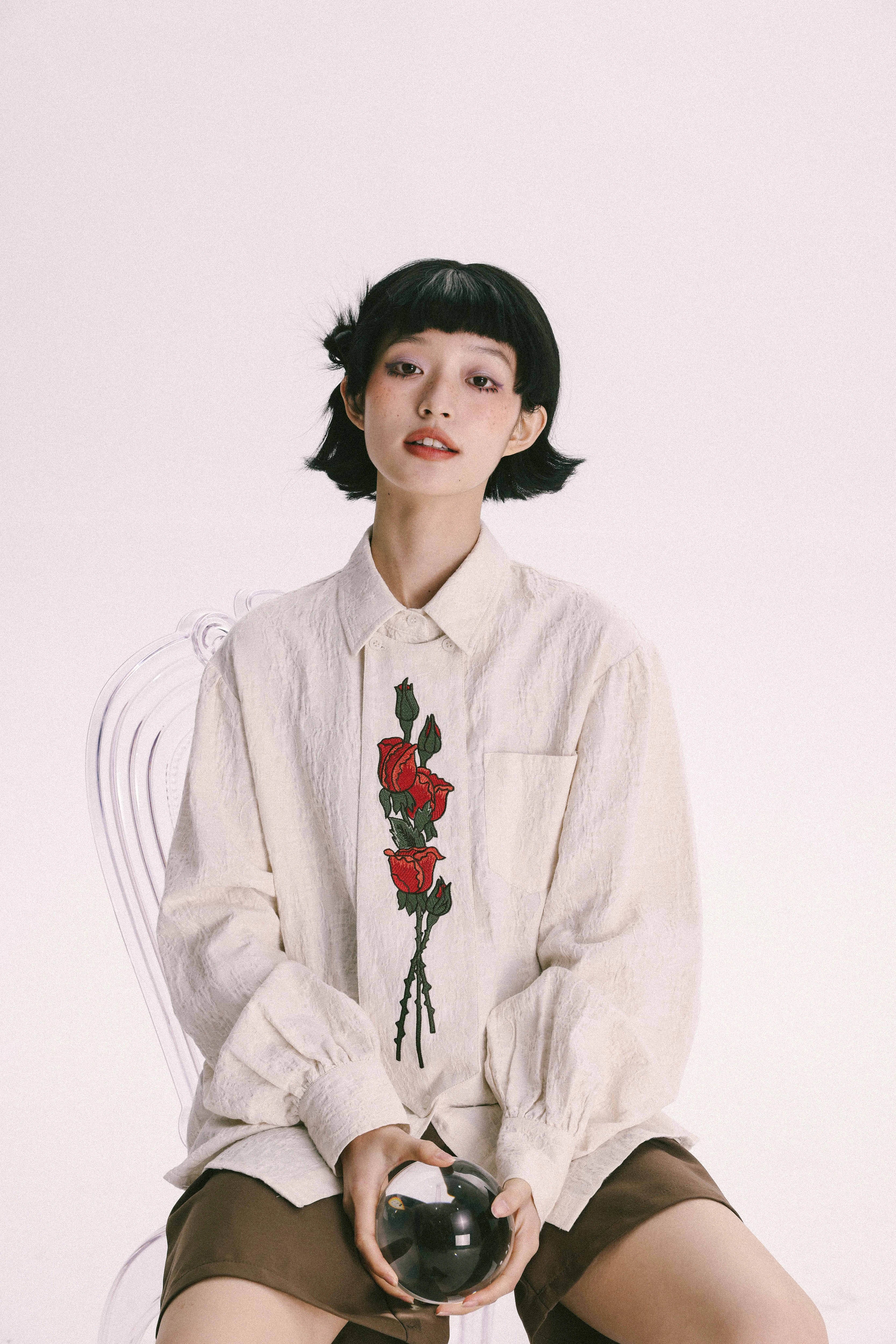 YEDM] Rose Embroidered Vintage Shirt