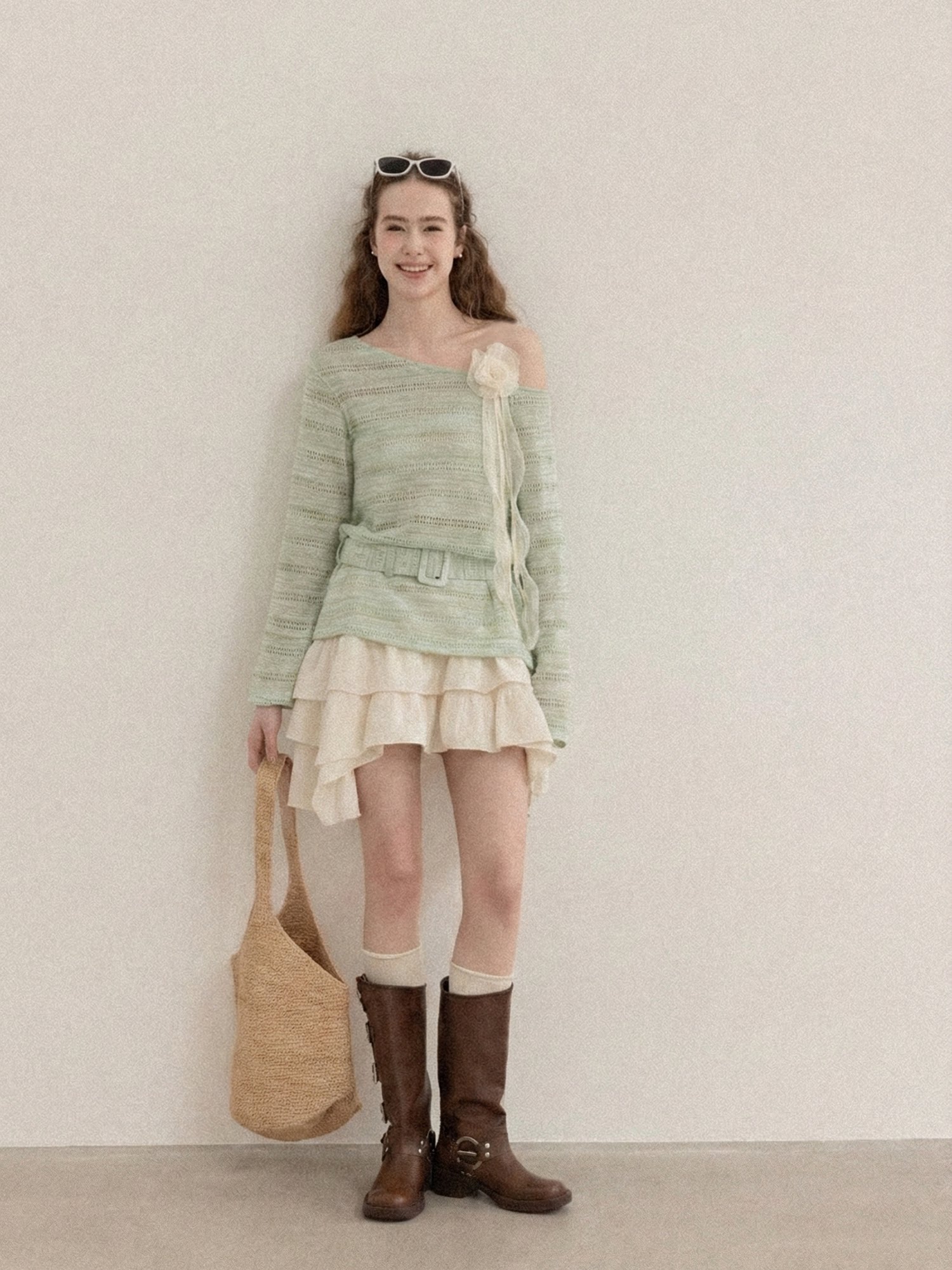 Cantonstory Temperament Slanted Shoulders Waist Long Sleeves