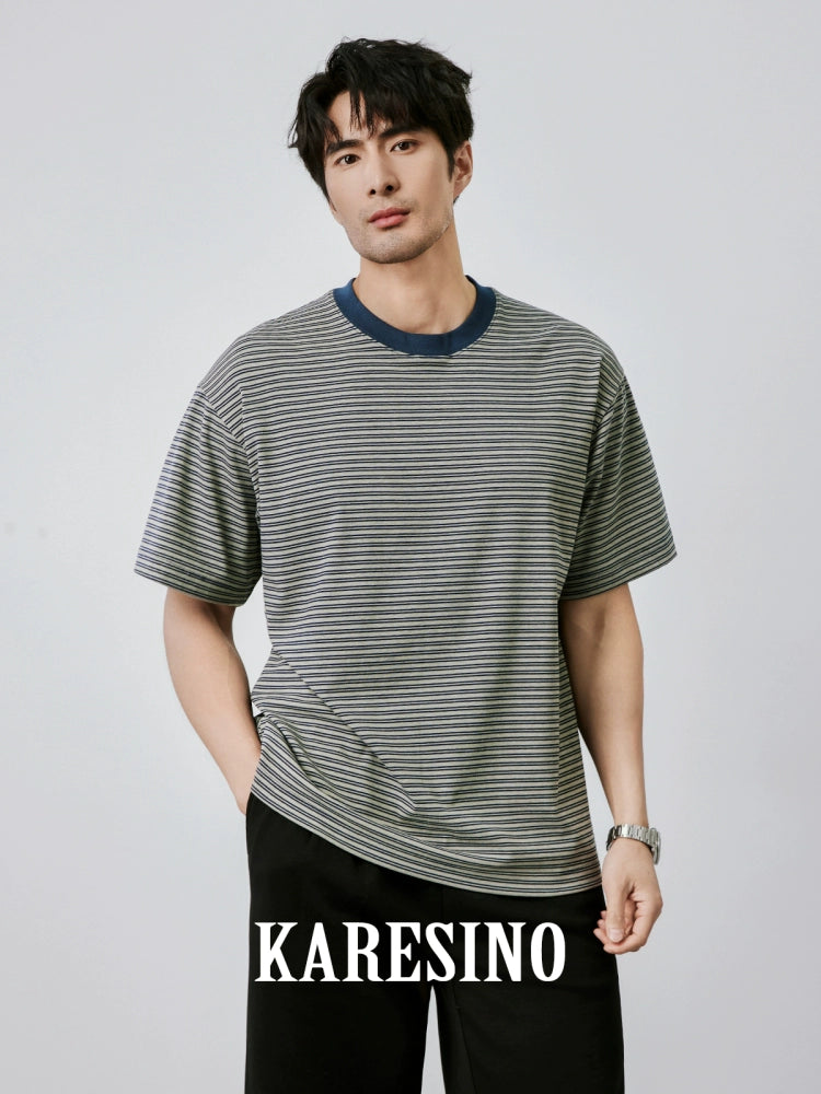 KARESINO Contrasting Striped Casual Round Neck Tee