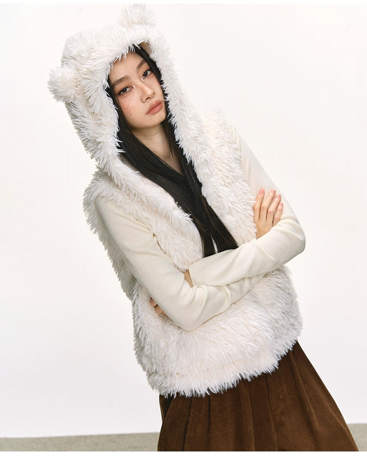 Anna Aneae Bear Ears Cute Hooded Short Fluffy Vest