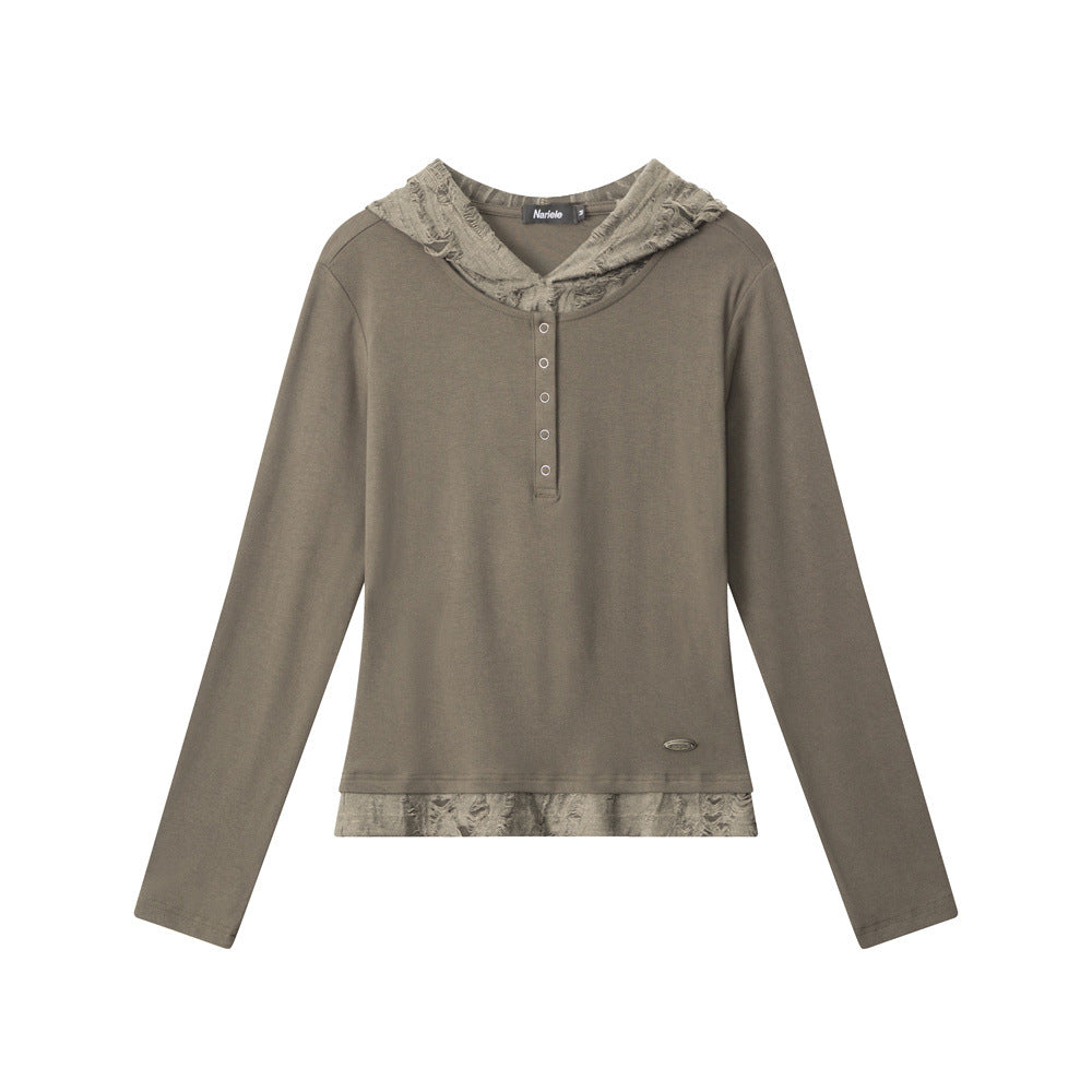 Nariele Fake Two-Piece Hooded Ripped Slim Long Sleeve
